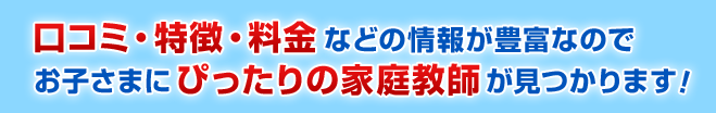 口コミ・特徴・料金などの情報が豊富なのでお子さまにぴったりの家庭教師が見つかります！