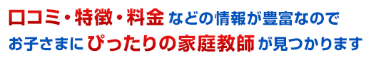 口コミ・特徴・料金などの情報が豊富なのでお子さまにぴったりの家庭教師が見つかります！